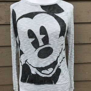 A Disney park gray and with a Mickey Mouse sweater